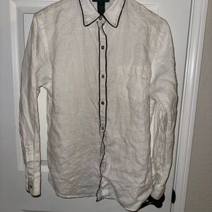 Lauren Ralph Lauren 100% Linen Button up Top with Black Trim size medium